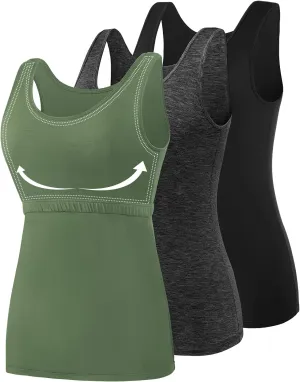 AMVELOP Tank Tops for Women Built in Bra Cotton Shelf Bra Tanks Layering Undershirts 2-3 Pack