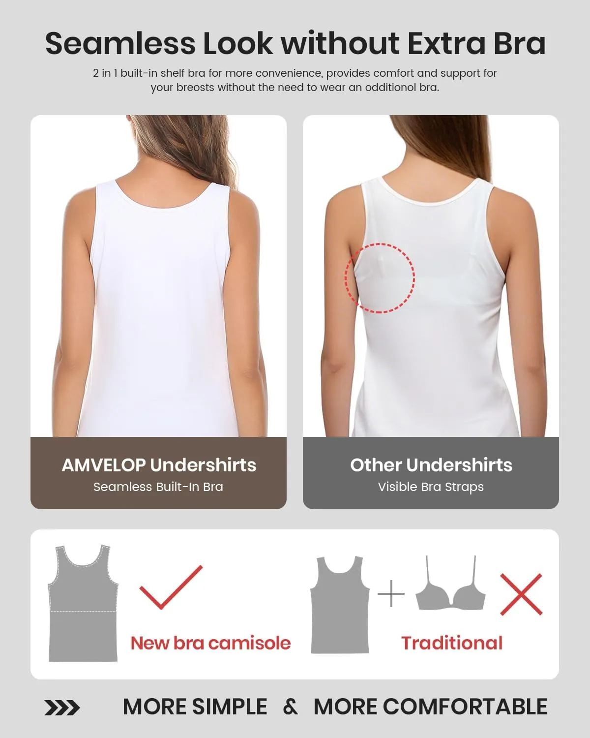 AMVELOP Tank Tops for Women Built in Bra Cotton Shelf Bra Tanks Layering Undershirts 2-3 Pack