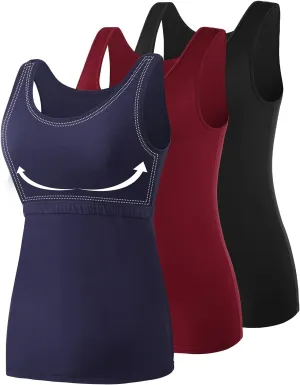 AMVELOP Tank Tops for Women Built in Bra Cotton Shelf Bra Tanks Layering Undershirts 2-3 Pack