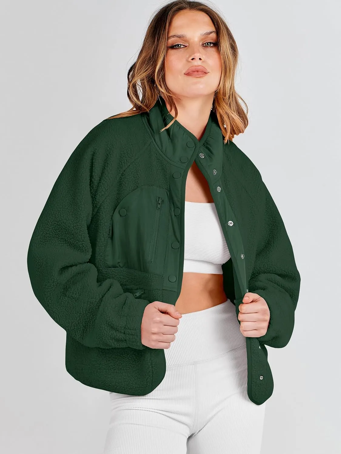 ANRABESS Womens Fuzzy Fleece Jacket Fall Casual Long Sleeve Cropped Sherpa Button Down Shacket Coats Outwear With Pockets