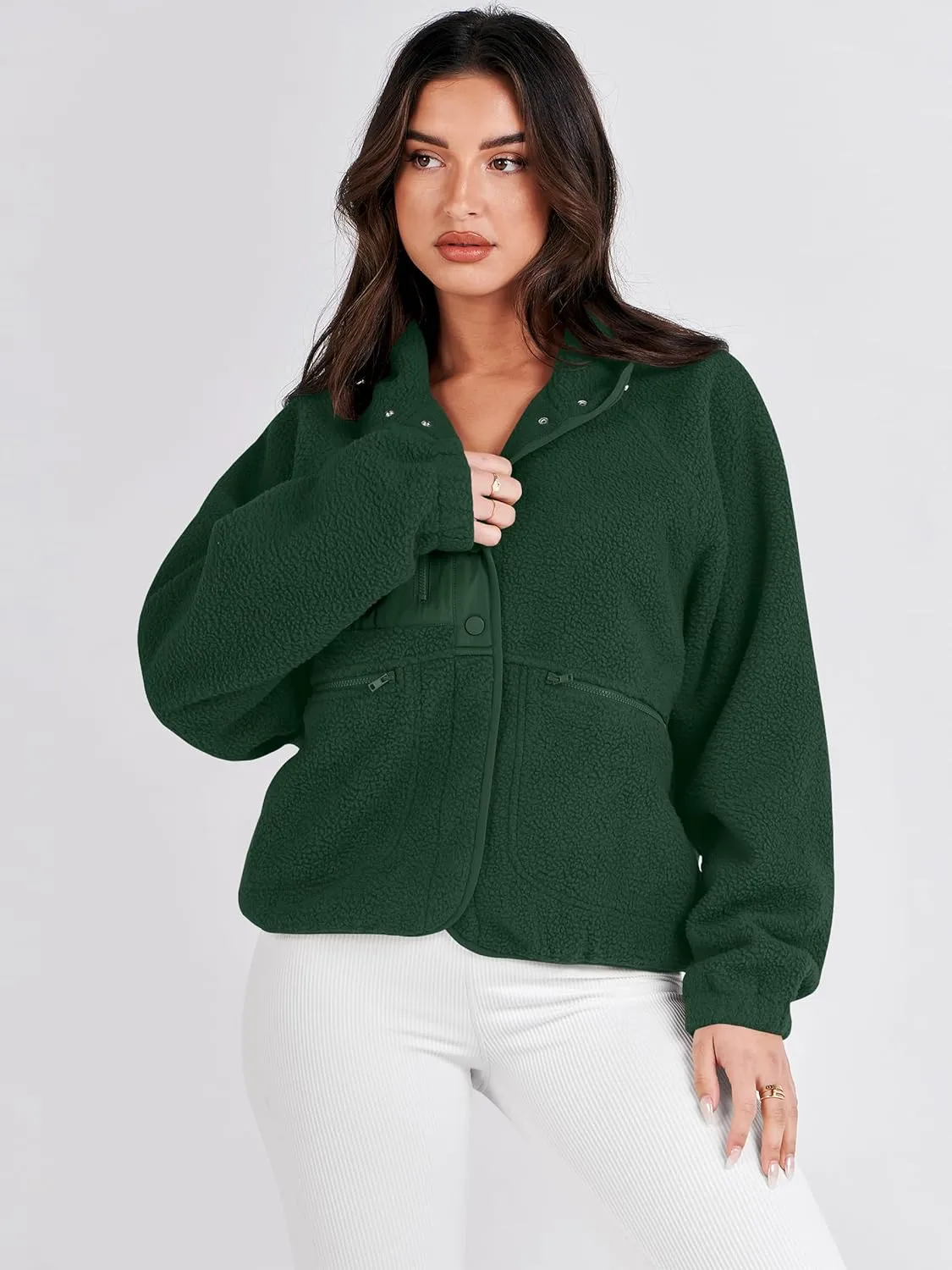 ANRABESS Womens Fuzzy Fleece Jacket Fall Casual Long Sleeve Cropped Sherpa Button Down Shacket Coats Outwear With Pockets