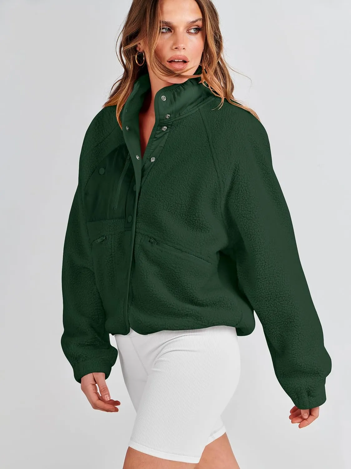 ANRABESS Womens Fuzzy Fleece Jacket Fall Casual Long Sleeve Cropped Sherpa Button Down Shacket Coats Outwear With Pockets