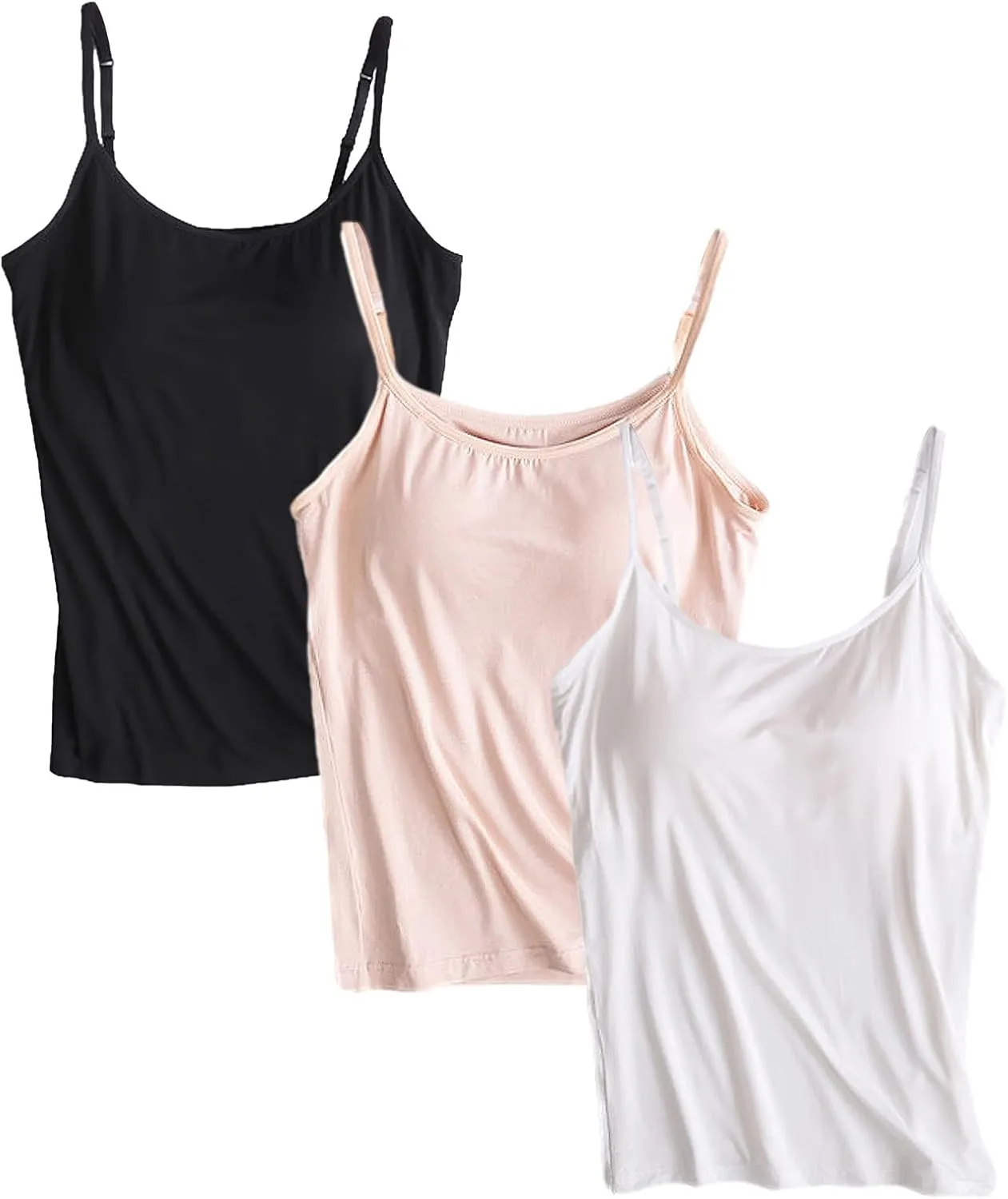 ANUFER Womens 3 Pieces Basic Camisole Adjustable Strap Vest Tank Tops with Built-in Shelf Bra Stretch Undershirts