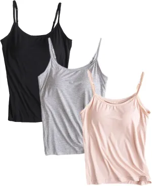 ANUFER Womens 3 Pieces Basic Camisole Adjustable Strap Vest Tank Tops with Built-in Shelf Bra Stretch Undershirts