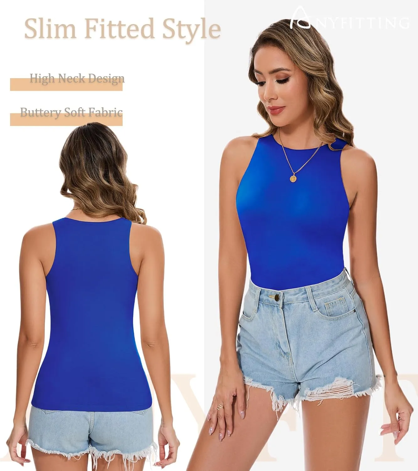 ANYFITTING Built in Bra Tank Tops for Women Sleeveless High Neck Fitted Shirts Summer Spring Basic Undershirts