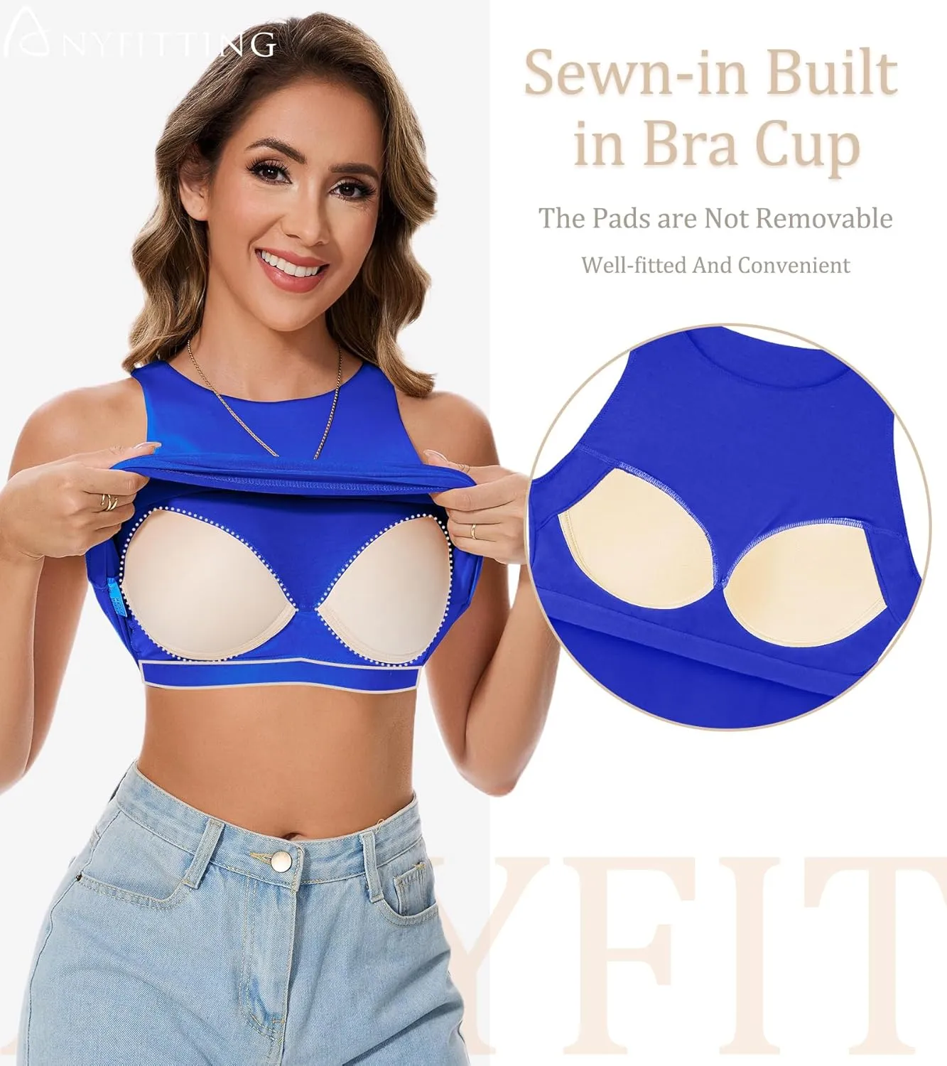 ANYFITTING Built in Bra Tank Tops for Women Sleeveless High Neck Fitted Shirts Summer Spring Basic Undershirts