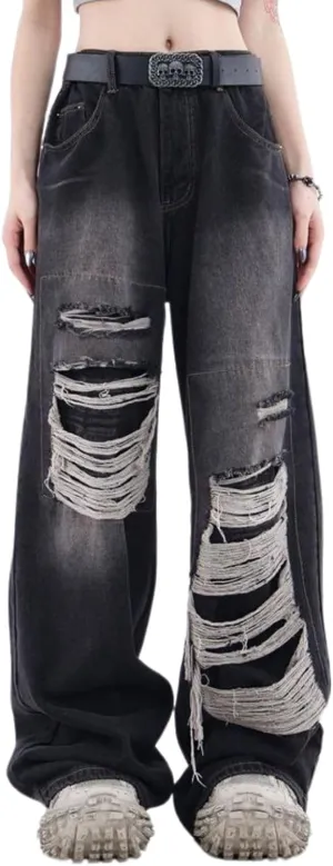 Baggy Jeans for Women Men Ripped Straight Leg Pants High Waisted Distressed Jeans Y2K Grunge Summer Clothes.