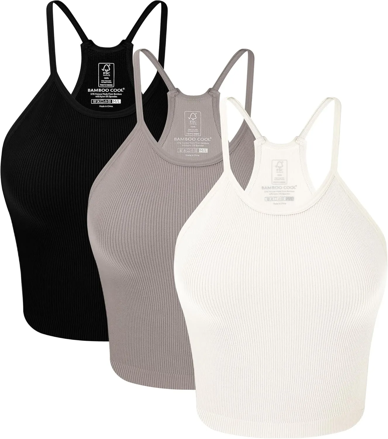 BAMBOO COOL Women's Seamless Tank Top Moisture-Wicking Workout Ribbed Camisoles U-Neck Camis 3-Pack