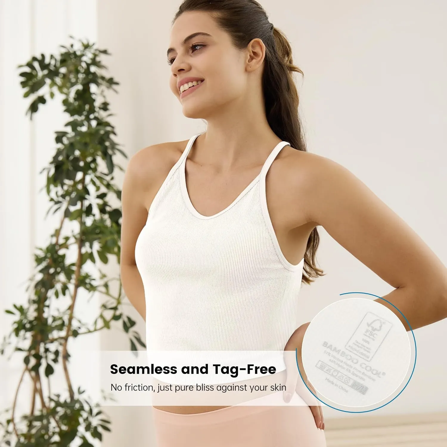 BAMBOO COOL Women's Seamless Tank Top Moisture-Wicking Workout Ribbed Camisoles U-Neck Camis 3-Pack