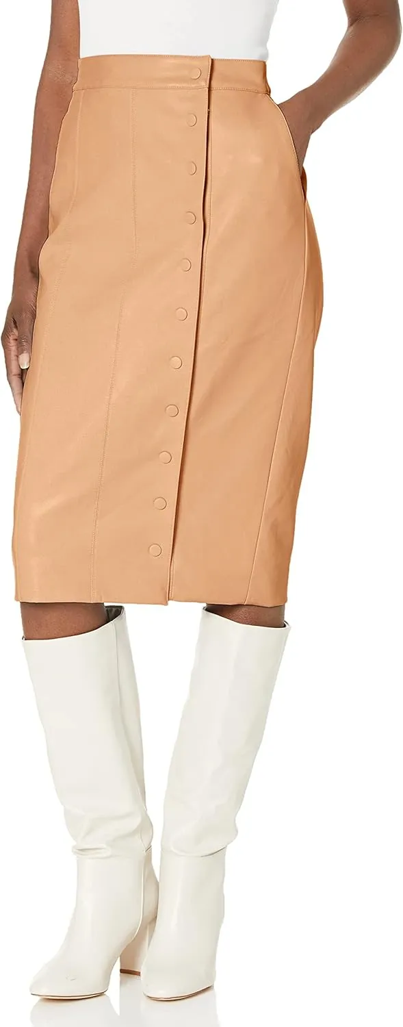 BCBGMAXAZRIA Women's Fitted Faux Leather Pencil Skirt Functional Pocket Button Front