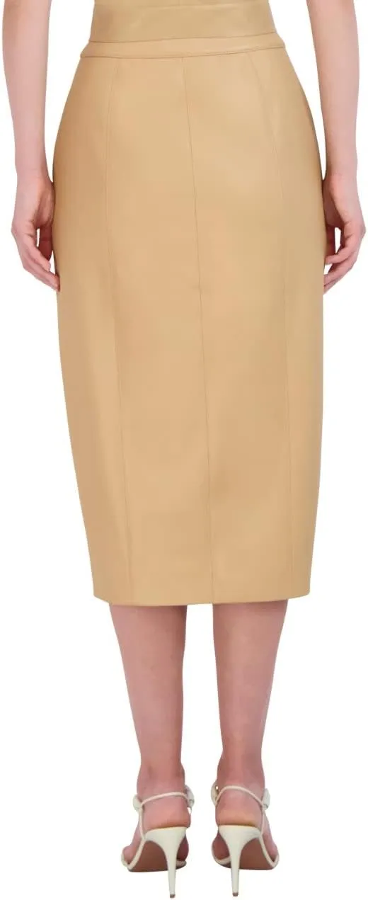 BCBGMAXAZRIA Women's Fitted Faux Leather Pencil Skirt Functional Pocket Button Front