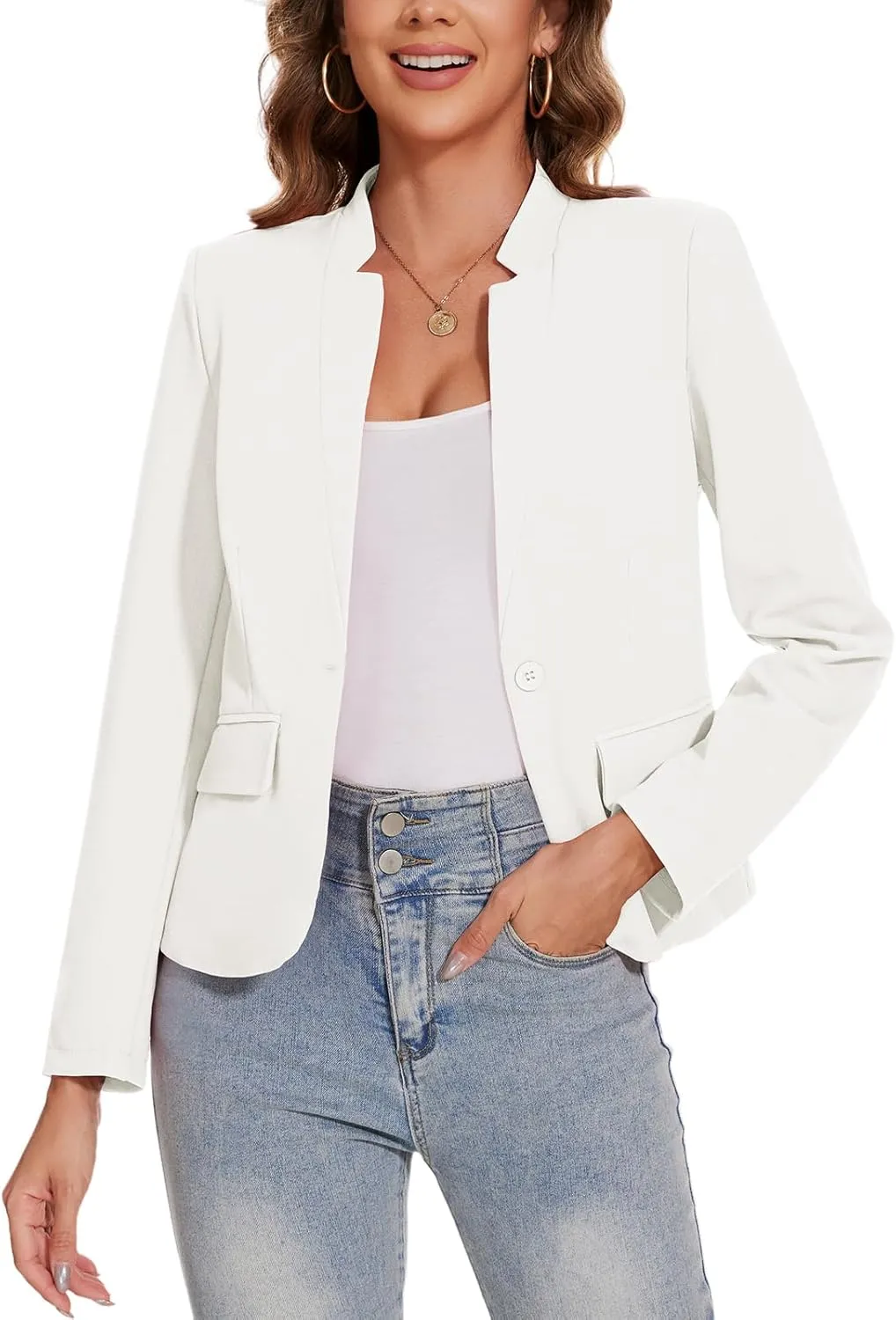 Blazers for Women Long Sleeve Notch Collar Blazer Button Front Casual Work Office Suit Jackets with Pockets