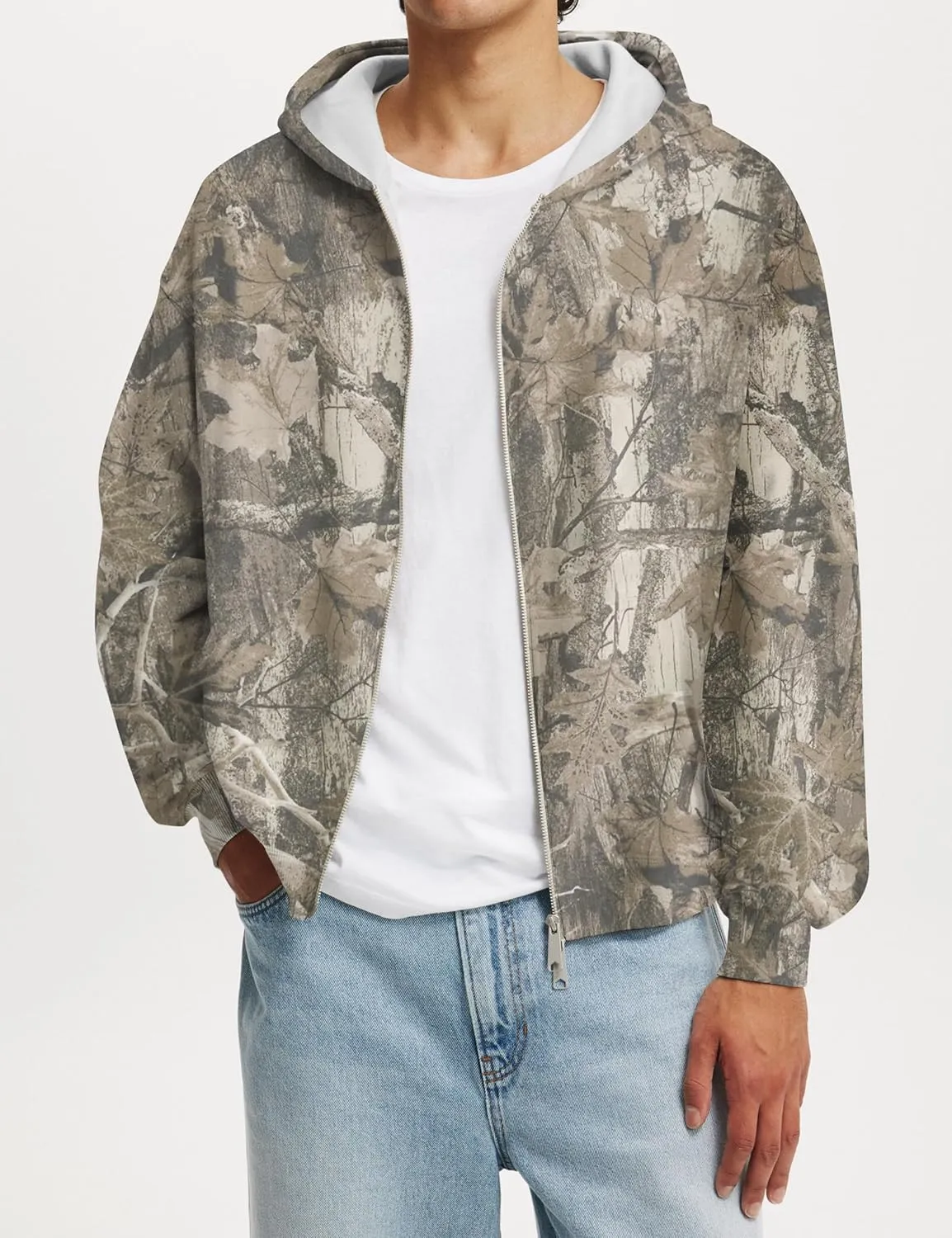 Camo Zip Up Hoodie for Women Men Oversized Maple Leaf Print Fleece Jacket Camouflage Long Sleeve Hooded Sweatshirt