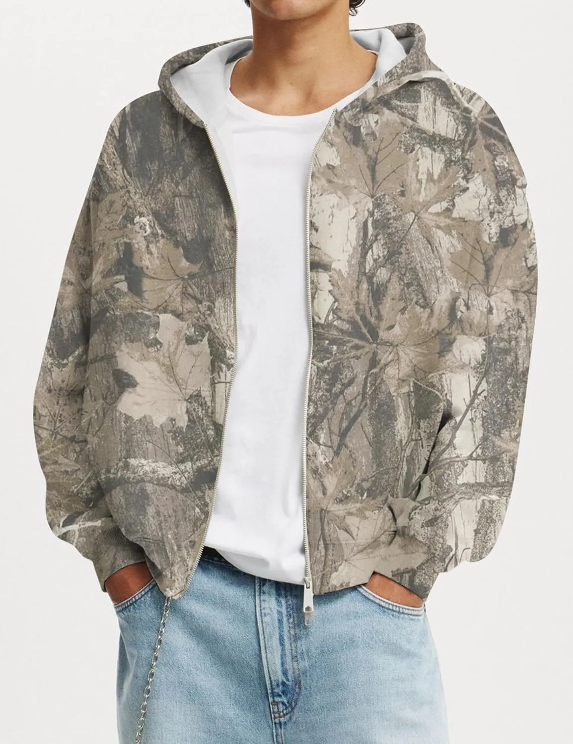 Camo Zip Up Hoodie for Women Men Oversized Maple Leaf Print Fleece Jacket Camouflage Long Sleeve Hooded Sweatshirt