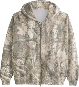 Camo Zip Up Hoodie for Women Men Oversized Maple Leaf Print Fleece Jacket Camouflage Long Sleeve Hooded Sweatshirt