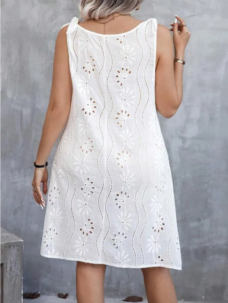 chouyatou Women's 2025 Eyelet Lace Embroidery Mini Dress Sexy Tie Knot Spaghetti Strap Sleeveless Party Sun Dress