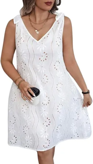 chouyatou Women's 2025 Eyelet Lace Embroidery Mini Dress Sexy Tie Knot Spaghetti Strap Sleeveless Party Sun Dress