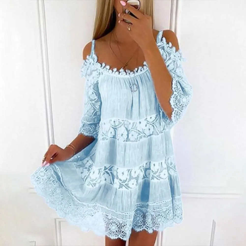 chouyatou Women's 2025 Eyelet Lace Embroidery Ruffle Dress Sexy Spaghetti Strap Cold Shoulder Party Sun Mini Dress