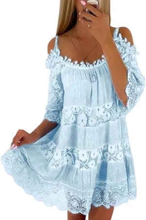 chouyatou Women's 2025 Eyelet Lace Embroidery Ruffle Dress Sexy Spaghetti Strap Cold Shoulder Party Sun Mini Dress