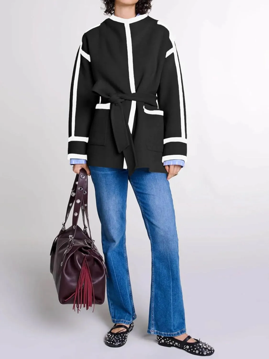 Cicy Bell Womens Belted Wool Jacket Trendy Contrast Trim Peacoat Open Front 2024 Fall Trench Coat