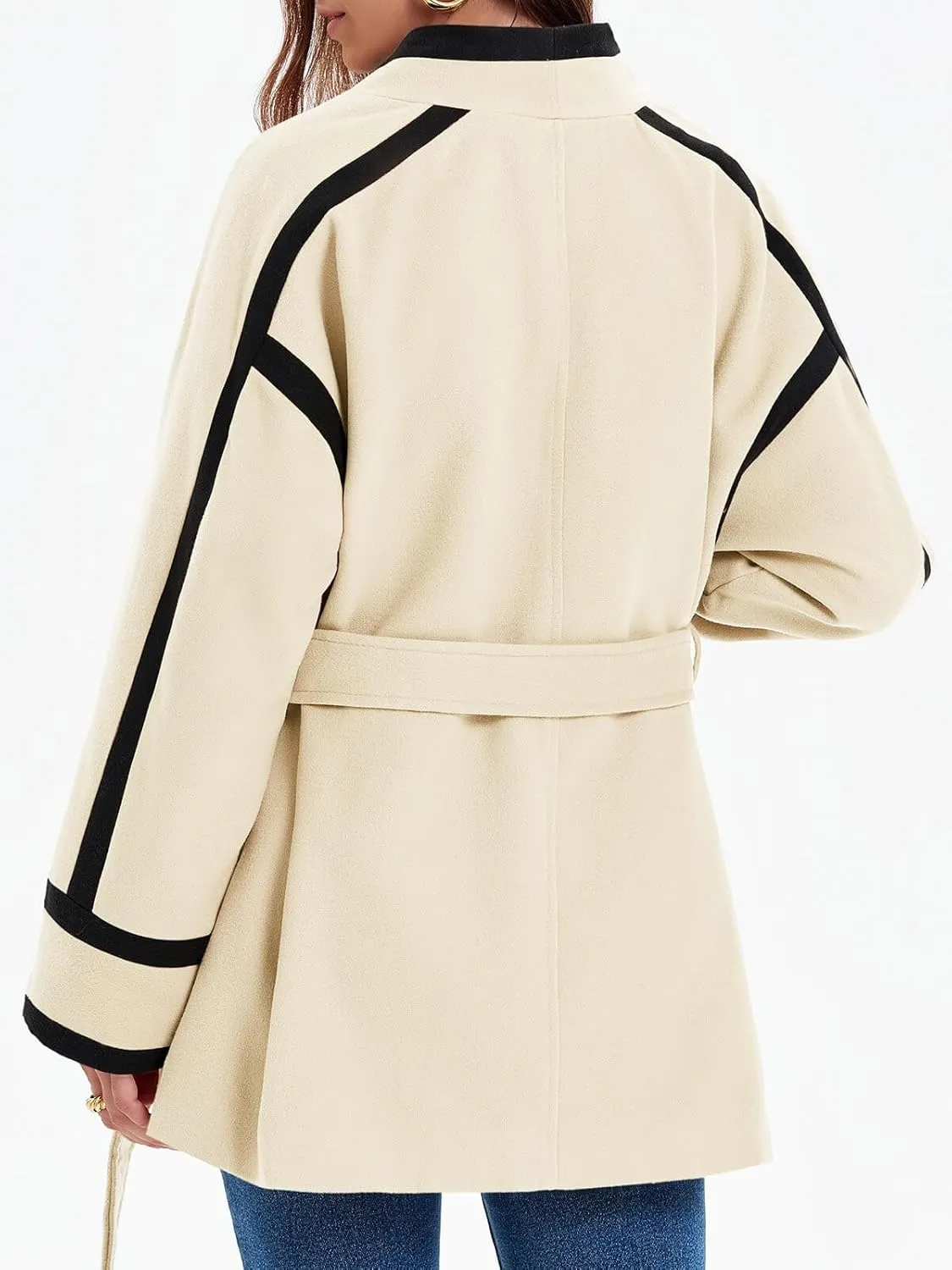 Cicy Bell Womens Belted Wool Jacket Trendy Contrast Trim Peacoat Open Front 2024 Fall Trench Coat