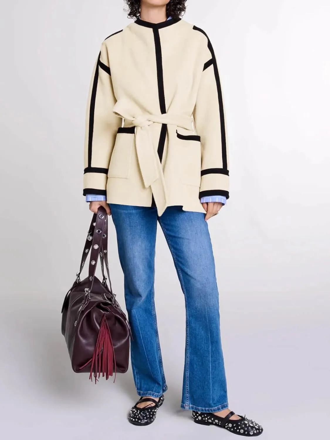 Cicy Bell Womens Belted Wool Jacket Trendy Contrast Trim Peacoat Open Front 2024 Fall Trench Coat