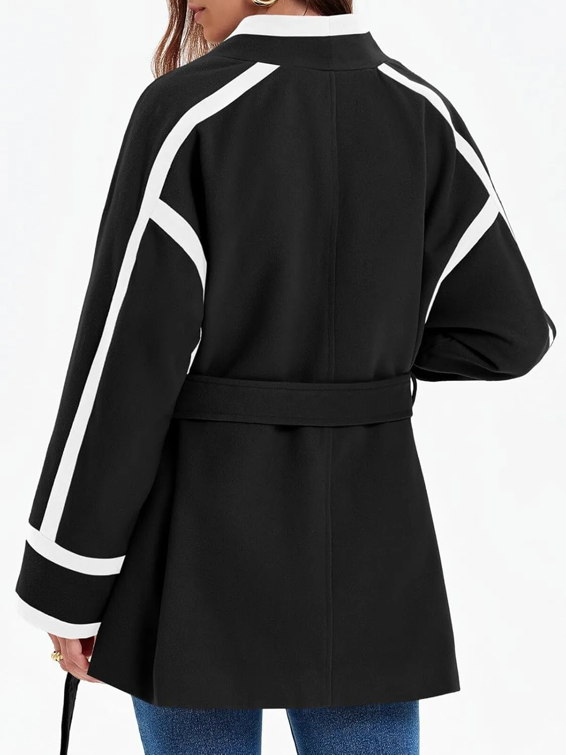 Cicy Bell Womens Belted Wool Jacket Trendy Contrast Trim Peacoat Open Front 2024 Fall Trench Coat
