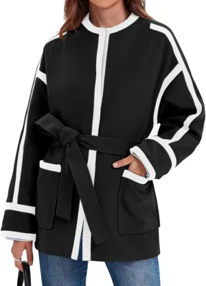 Cicy Bell Womens Belted Wool Jacket Trendy Contrast Trim Peacoat Open Front 2024 Fall Trench Coat