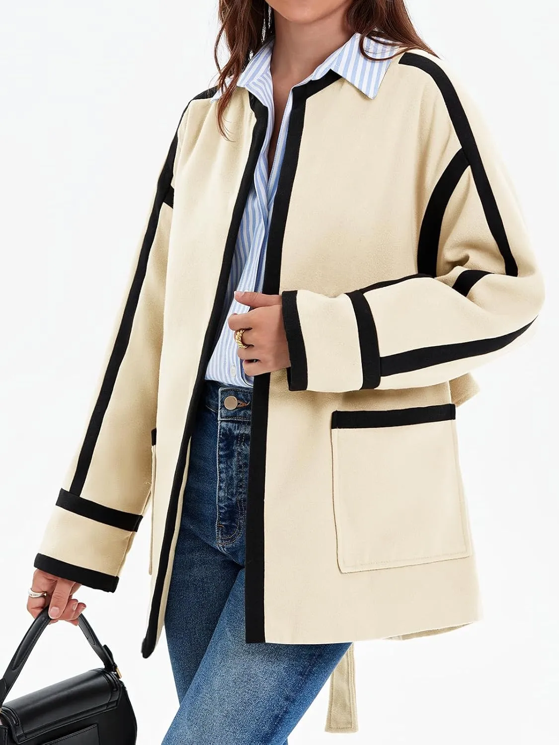 Cicy Bell Womens Belted Wool Jacket Trendy Contrast Trim Peacoat Open Front 2024 Fall Trench Coat