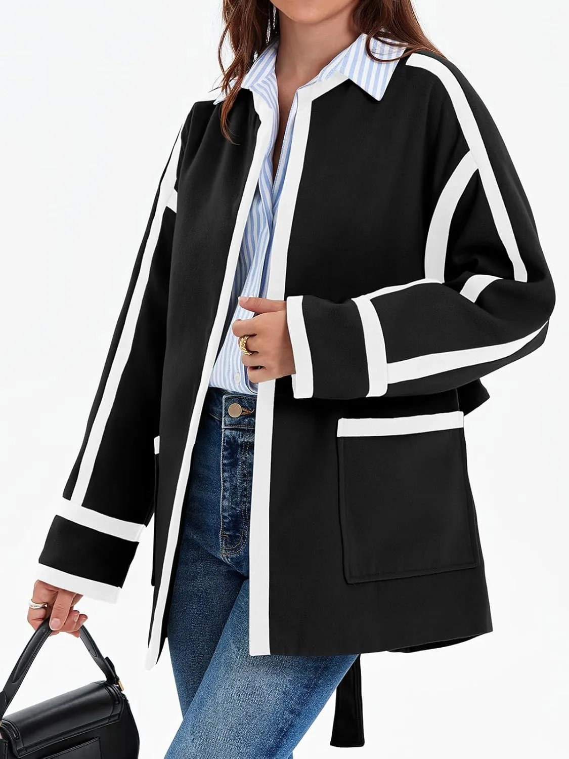 Cicy Bell Womens Belted Wool Jacket Trendy Contrast Trim Peacoat Open Front 2024 Fall Trench Coat