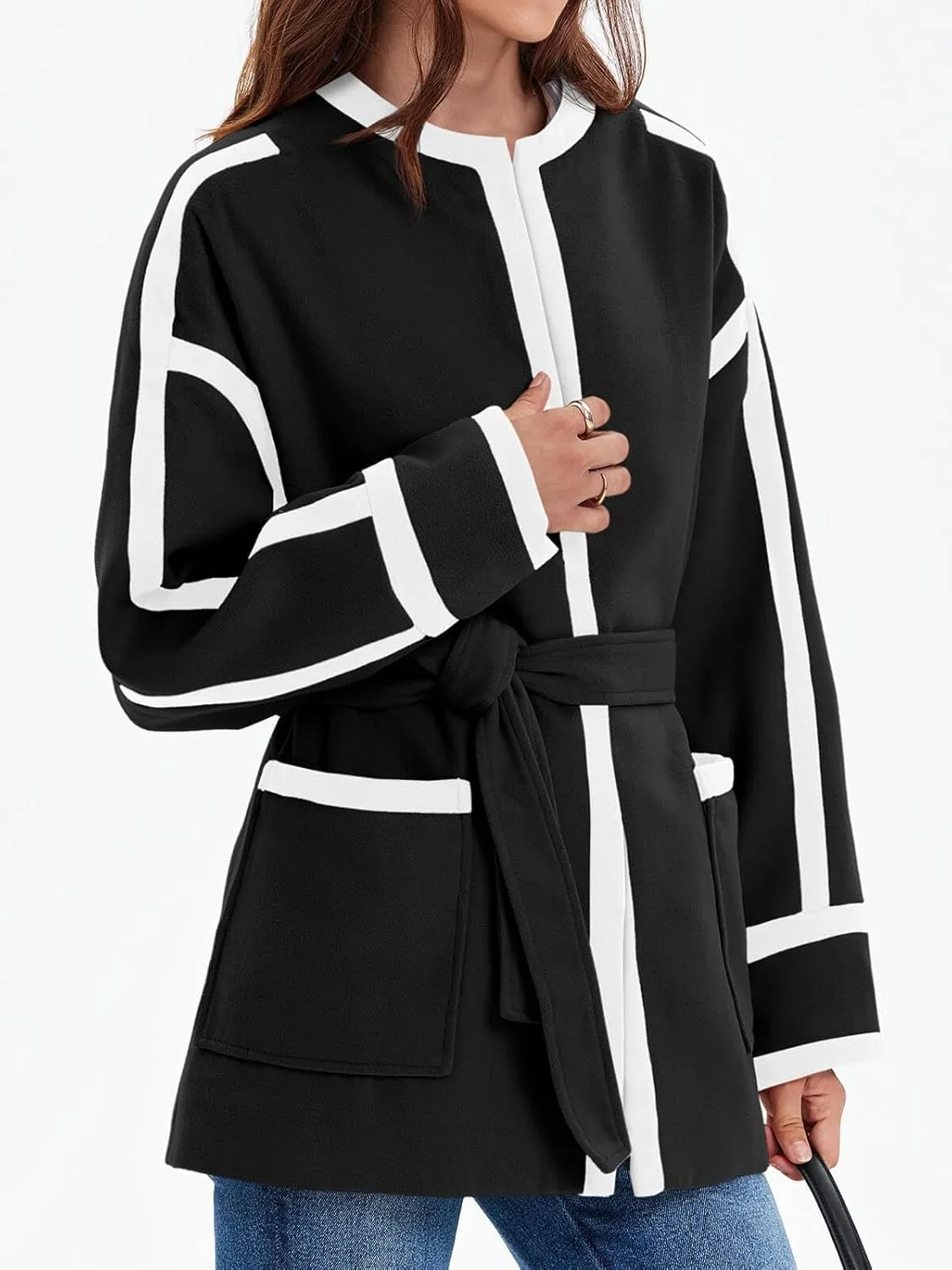 Cicy Bell Womens Belted Wool Jacket Trendy Contrast Trim Peacoat Open Front 2024 Fall Trench Coat