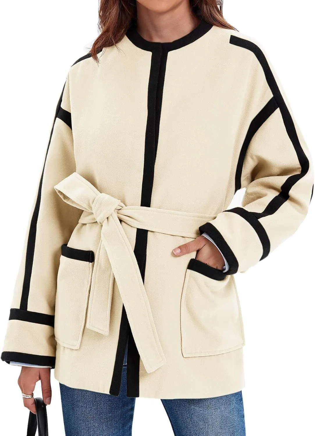Cicy Bell Womens Belted Wool Jacket Trendy Contrast Trim Peacoat Open Front 2024 Fall Trench Coat