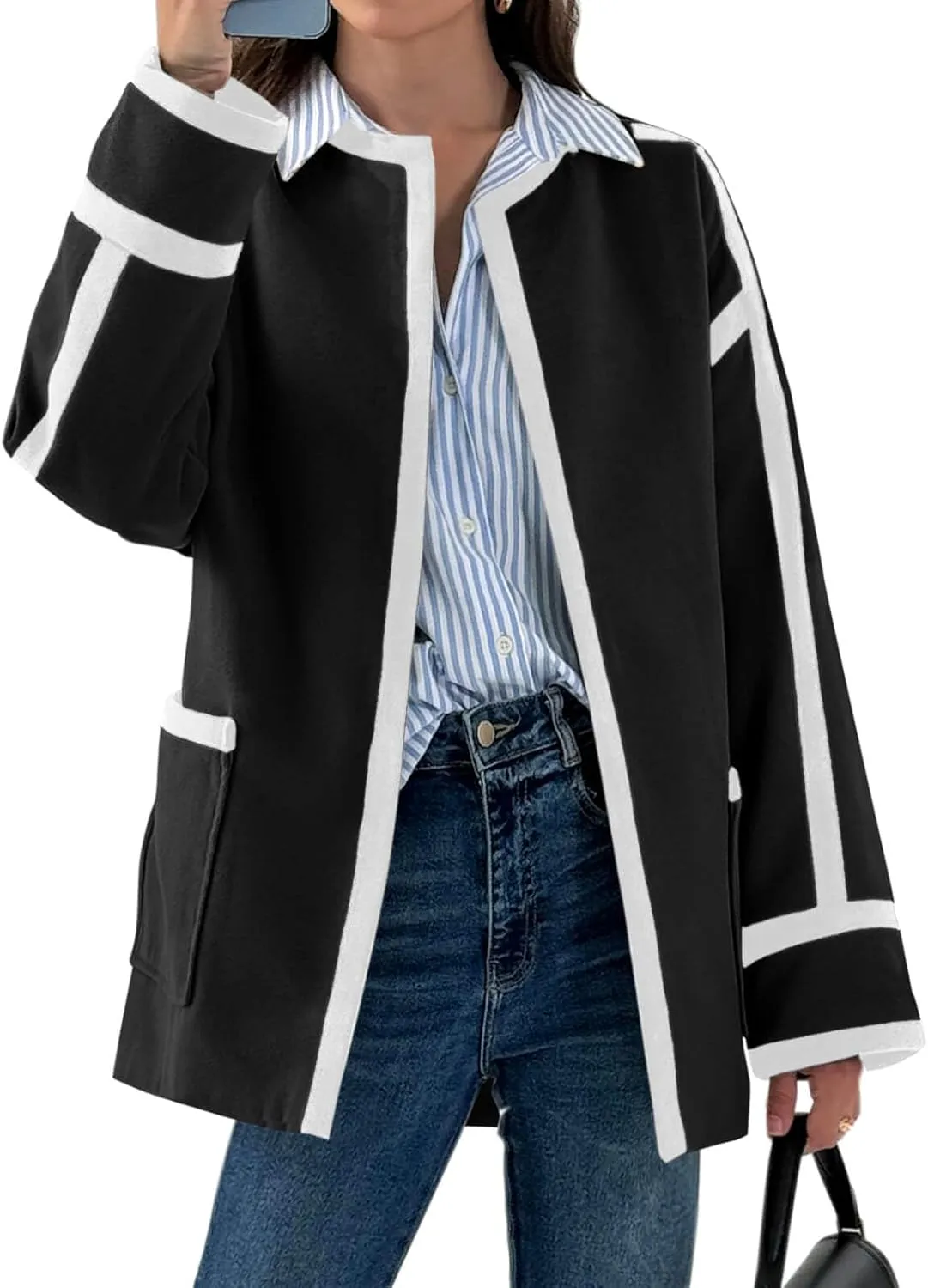 Cicy Bell Womens Belted Wool Jacket Trendy Contrast Trim Peacoat Open Front 2024 Fall Trench Coat