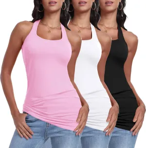 Cotton Racerback Long Tank Tops for Women Tunic Layering Sleeveless Undershirts Moisture Wicking 3 Packs