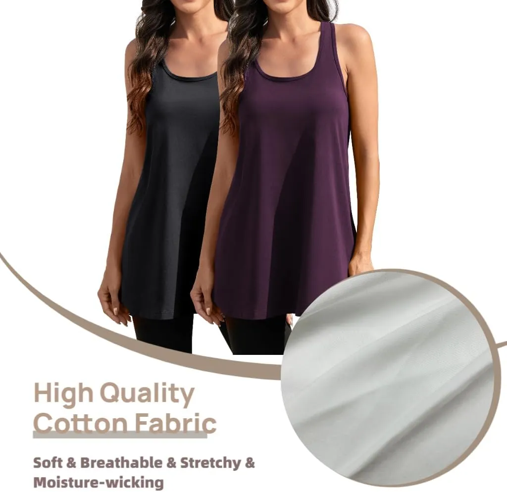 Cotton Racerback Workout Yoga Tops for Women Loose Fit Athletic Long Tanks Moisture Wicking Gym Shirts 2 Pack
