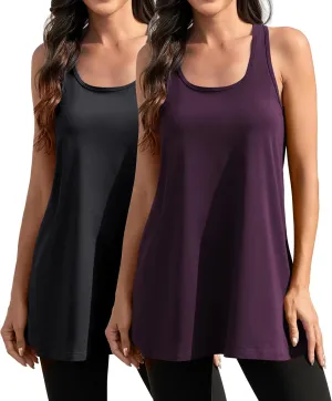 Cotton Racerback Workout Yoga Tops for Women Loose Fit Athletic Long Tanks Moisture Wicking Gym Shirts 2 Pack