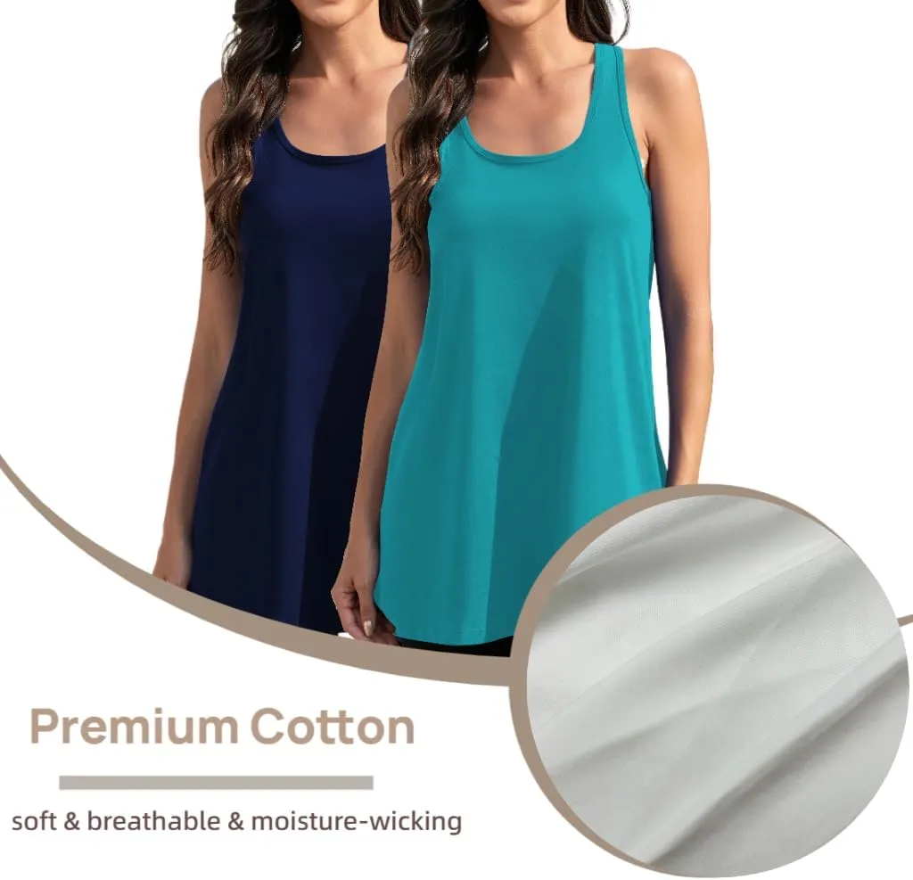 Cotton Racerback Workout Yoga Tops for Women Loose Fit Athletic Long Tanks Moisture Wicking Gym Shirts 2 Pack
