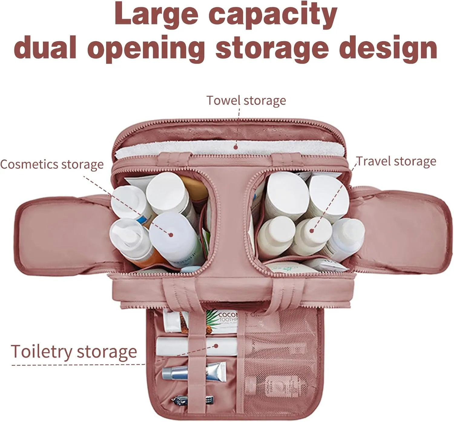 Cureaway Travel Cosmetic Bag, Large Capacity Wide-Open Travel Cosmetic Bag, 4-in-1Multi-Functional Toiletry Bag for Women, Waterproof Hanging Organizer with Divider (Pink)