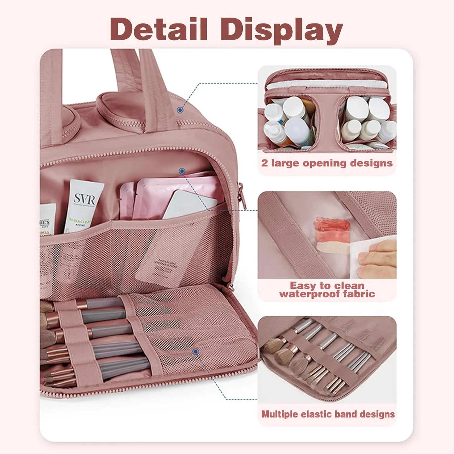 Cureaway Travel Cosmetic Bag, Large Capacity Wide-Open Travel Cosmetic Bag, 4-in-1Multi-Functional Toiletry Bag for Women, Waterproof Hanging Organizer with Divider (Pink)