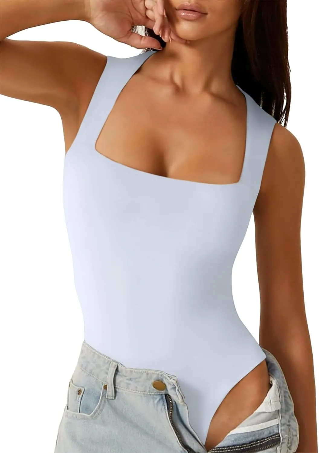 Cyanstyle Women Sexy Square Neck Thong Bodysuit Double Lined Sleeveless Trendy Going Out Body Suits Tank Tops