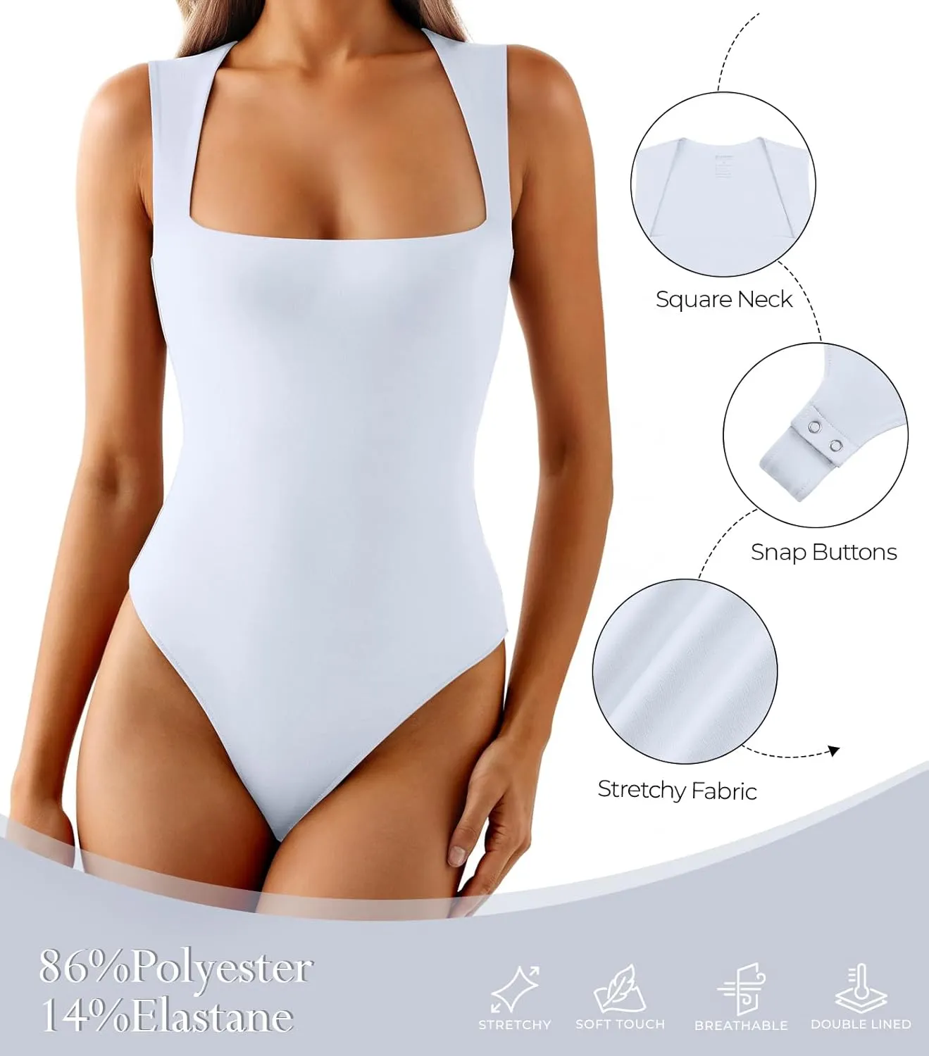 Cyanstyle Women Sexy Square Neck Thong Bodysuit Double Lined Sleeveless Trendy Going Out Body Suits Tank Tops