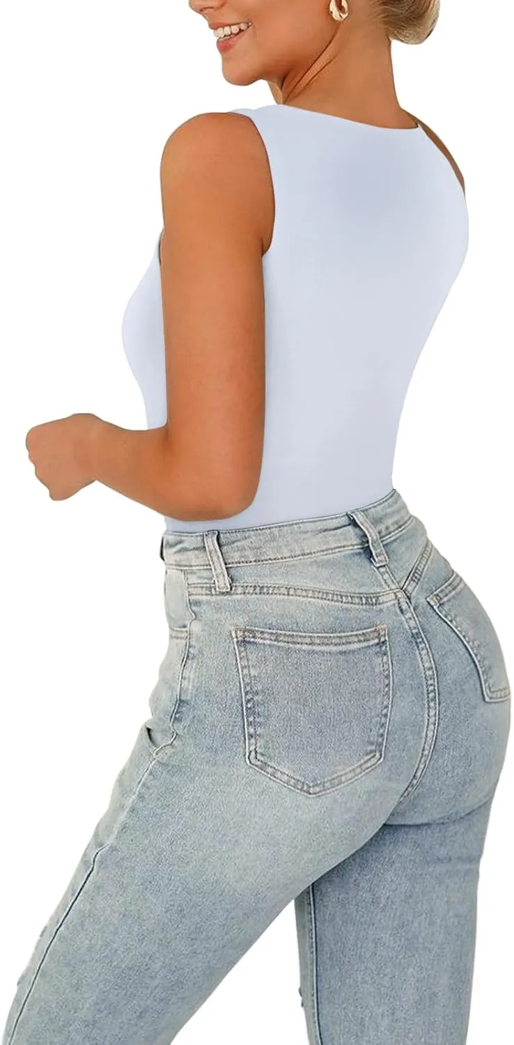 Cyanstyle Women Sexy Square Neck Thong Bodysuit Double Lined Sleeveless Trendy Going Out Body Suits Tank Tops