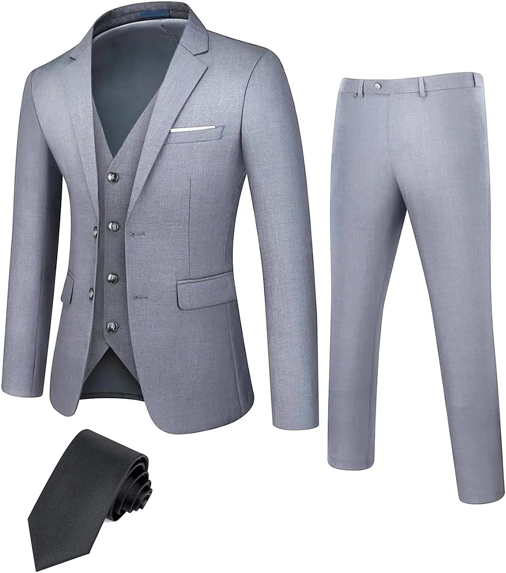 DEETRUST Men's 3 Piece Slim Fit Suit Set, 2 Button Blazer Jacket Vest Pants with Tie, Mens Suit for Party, Wedding & Business