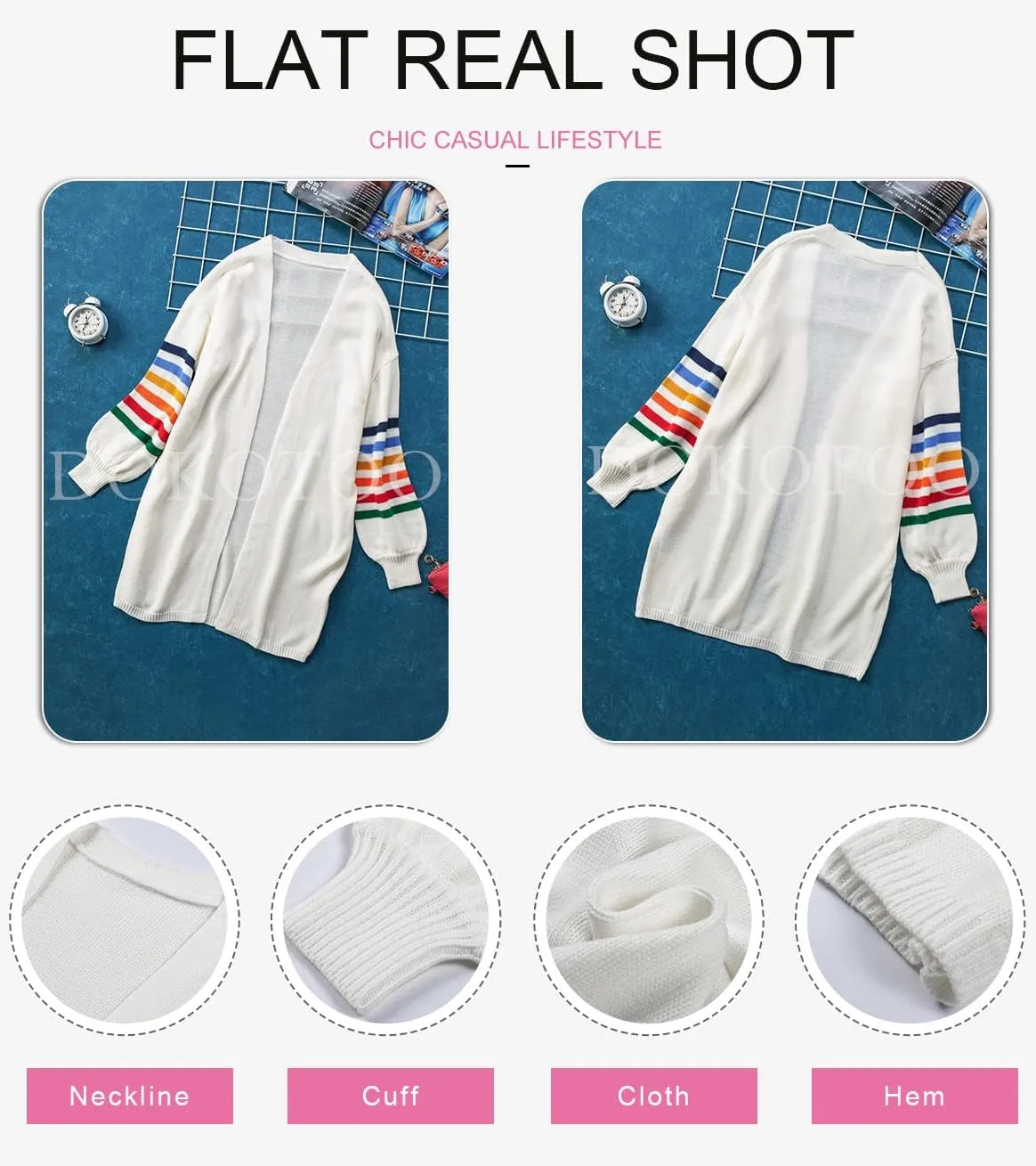 Dokotoo Women's Long Open Front Cardigans Striped Color Block Loose Knit Sweaters Outwear Coat