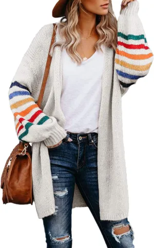 Dokotoo Women's Long Open Front Cardigans Striped Color Block Loose Knit Sweaters Outwear Coat