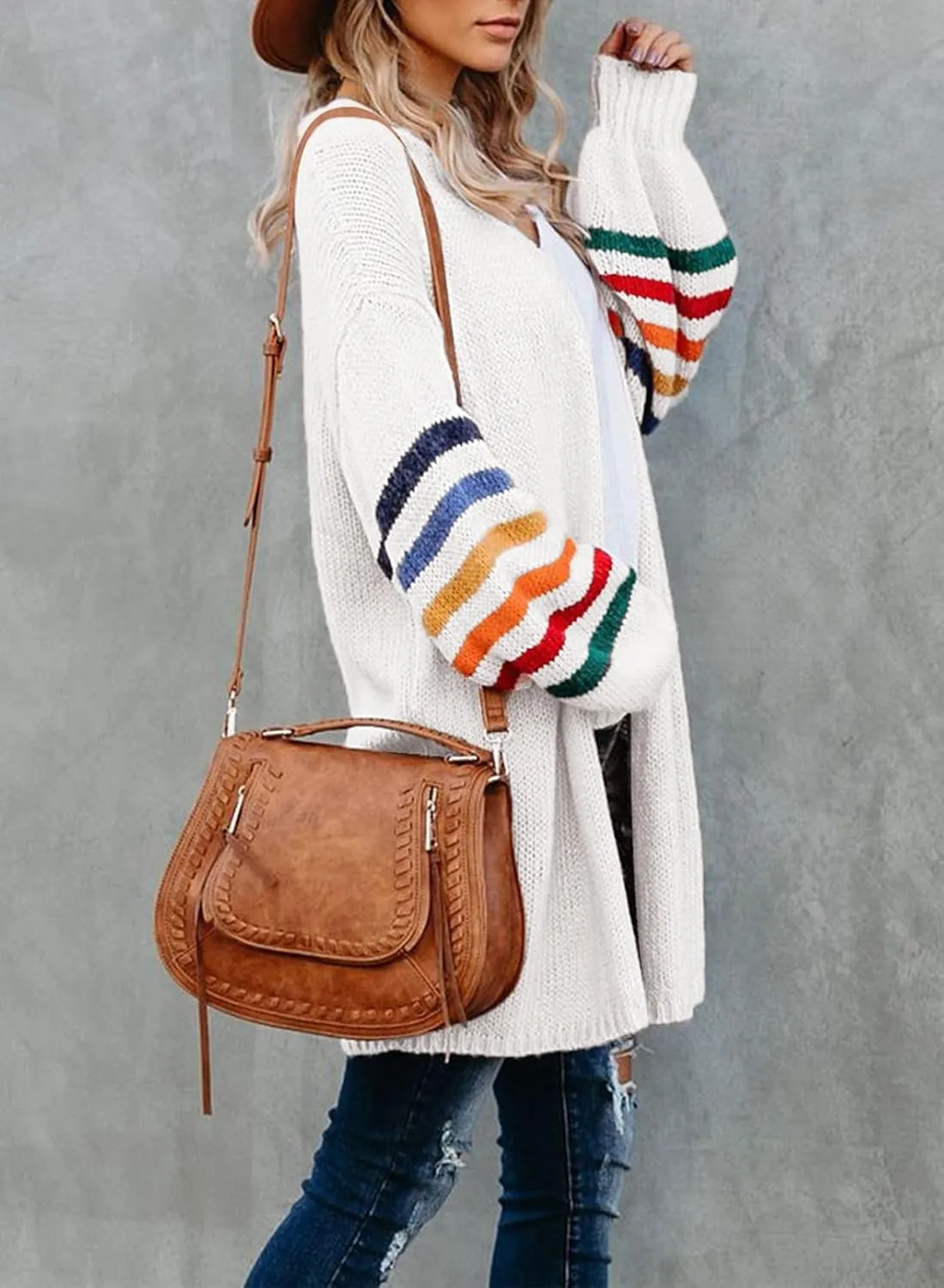 Dokotoo Women's Long Open Front Cardigans Striped Color Block Loose Knit Sweaters Outwear Coat