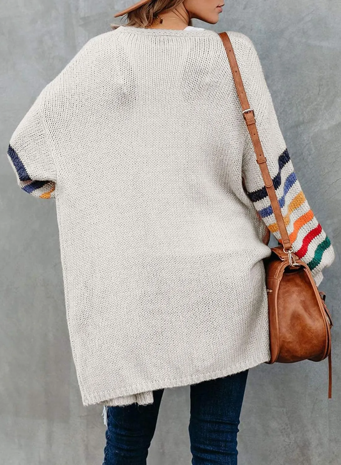 Dokotoo Women's Long Open Front Cardigans Striped Color Block Loose Knit Sweaters Outwear Coat