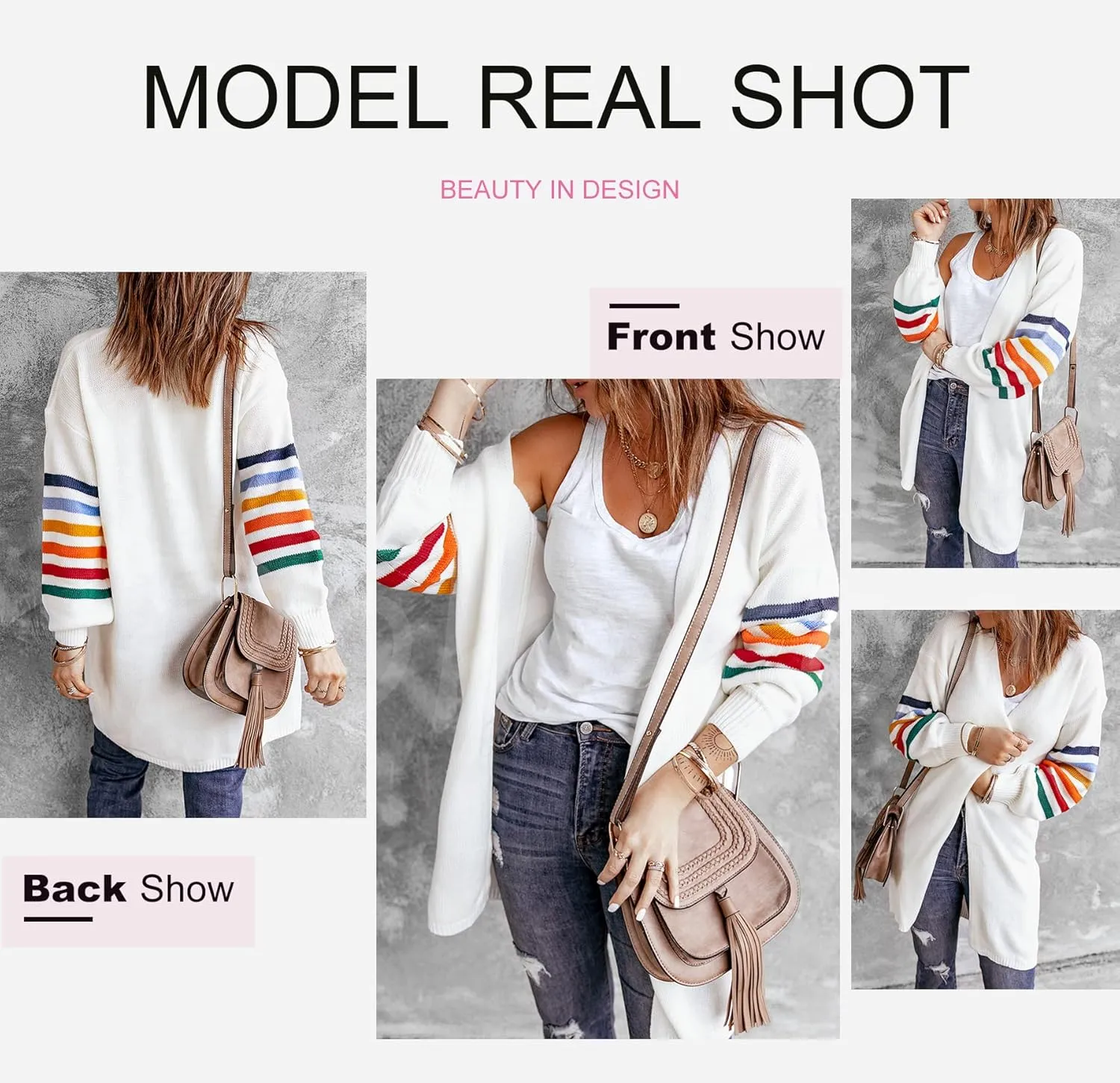 Dokotoo Women's Long Open Front Cardigans Striped Color Block Loose Knit Sweaters Outwear Coat