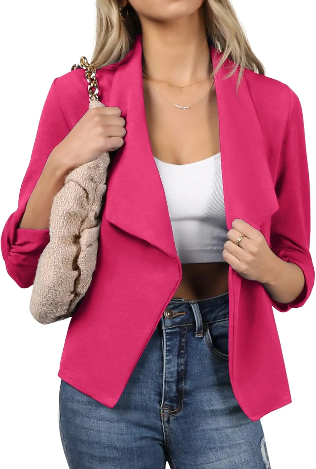 DOUBLJU Ruched 3/4 Sleeve Open Front Draped Blazers Business Casual Basic Work Jackets for Womens Clothes with Plus Size