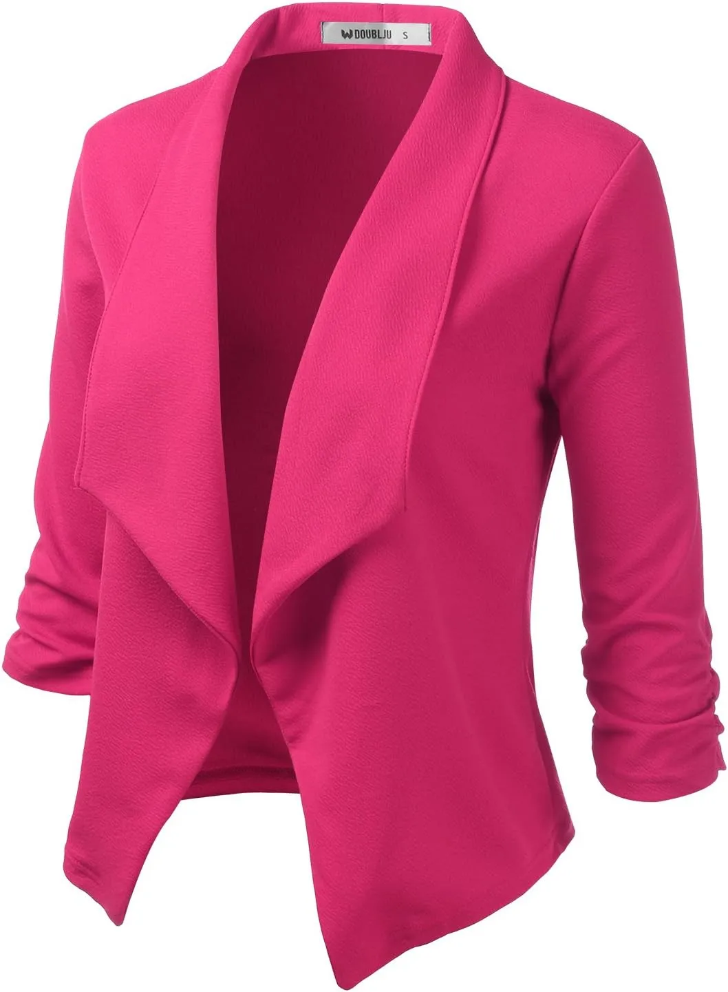 DOUBLJU Ruched 3/4 Sleeve Open Front Draped Blazers Business Casual Basic Work Jackets for Womens Clothes with Plus Size